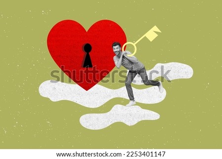 Creative collage photo picture poster postcard of funky man want open big heart dream love black white gamma isolated on painted background