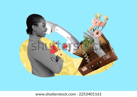 Creative collage photo poster postcard artwork of beautiful girl black white gamma speaking boyfriend isolated on painting background