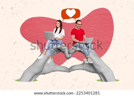 Collage photo artwork of two young remote workers use laptops chatting love story fingers showing heart symbol isolated on painted pink background
