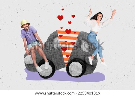 Collage photo template of young student love couple sitting broker halves automobile car drivers enjoy driving together isolated on grey background