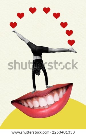 Collage photo template of cheerful white teeth smile girl gymnast twine stay hands love story valentine day holiday isolated on white background