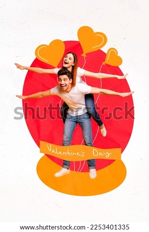 Vertical collage portrait of two excited partners piggyback have fun good mood valentine day celebration