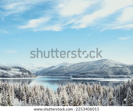 Winter landscape photo depicts a serene and picturesque of a snowy forest. The trees are covered in a blanket of snow, and the sky is a clear and crisp blue.
