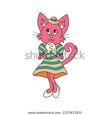 Cute retro cat girl mascot. Feminine pink cat character in classic cartoon style in vintage fashion clothes dress and hat. Isolated vector illustration