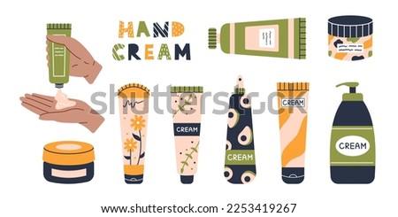 Vector hand cream set. Beauty and skincare. Tubes of cream, jurs and sprays. Swarthy hand squeezes a tube of cream. 