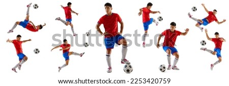 Collage, photo set. Portraits of professional asian football player in motion and action isolated over white background. Concept of sport, active and healthy lifestyle, team game. Banner Royalty-Free Stock Photo #2253420759