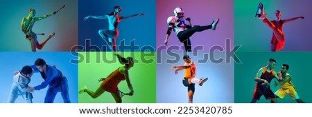 Collage. Portraits of professional sportsmen training, posing isolated over multicolored background in neon. Concept of sport, healthy and active lifestyle, motivation, activity. Horizontal banner Royalty-Free Stock Photo #2253420785