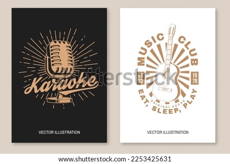 Karaoke party poster, banner. Retro microphone with sunburst and classical acoustic guitar vintage typography design for t shirt, emblem, logo, badge design. Vector illustration.
