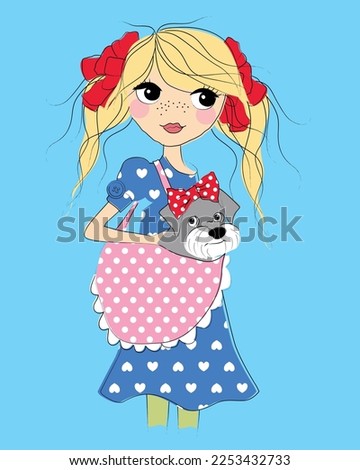 Girl holding cute puppy inside the pink polka dots bag