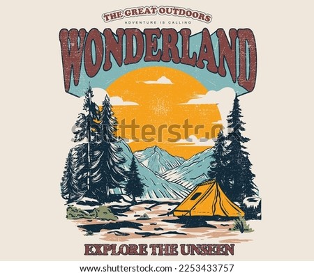 Mountain camping.  Adventure vintage print design for t shirt and others. National park graphic artwork for sticker, poster, background.