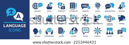 Language icon set. Containing communication, translate, speech, non-verbal, writing, speaking, dictionary, text, language skills and vocabulary icons. Solid icon collection. Royalty-Free Stock Photo #2253446421