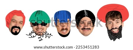 Contemporary collage made with male faces, heads with different style haircuts and hats drawn in cartoon style. Men with with funny facial expressions. Funny meme emotions, art, creativity concept