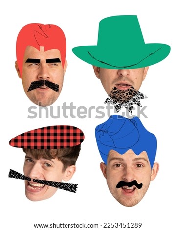 Contemporary collage made with male faces, heads with different style haircuts and hats drawn in cartoon style. Men with with funny facial expressions. Funny meme emotions, art, creativity concept