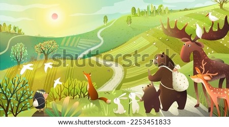 Hiking animals backpack and travel adventures. Bear, moose backpack hiking tale in wild nature scenery. Animals in countryside panoramic landscape. Hand drawn vector illustration in watercolor style.