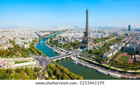 Eiffel Tower or Tour Eiffel aerial view, is a wrought iron lattice tower on the Champ de Mars in Paris, France Royalty-Free Stock Photo #2253461199