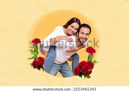 Photo portrait drawing collage magazine poster postcard artwork of wife husband good mood free time isolated on painting sky background