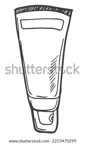 Vector black outline of tube of cream, antiseptic or toothpaste in the style of doodles. Clip art on topic of cosmetics, beauty, brushing teeth, oral hygiene, protection from germs