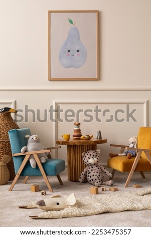 Interior design of kids room with mock up poster frame, round wooden table, blue, orange armchair, plush toys, animal rug, wooden blockers, wicker basket and personal accessories. Home decor. Template