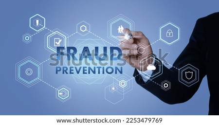 Fraud prevention. Man using digital screen, closeup. Scheme with icons on light blue background Royalty-Free Stock Photo #2253479769