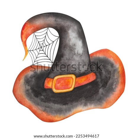 Watercolor illustration. Hand painted hat in black, orange colors with golden buckle, cobweb. Black, thin spider net. Halloween hat. Witch, wizard crooked hat. Isolated clip art for banners, cards