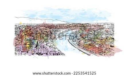 Building view with landmark of Pisa is a city in Italy. Watercolor splash with hand drawn sketch illustration in vector.