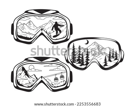 Set of masks for snowboarding with mountain scenery. Collection of snowboarding goggles with winter landscape. Extreme emblem. Vector illustration of adventure stamp. Royalty-Free Stock Photo #2253556683