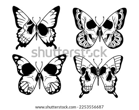 Set of stylized butterfly with skull. Collection of flying scary insects. Vector illustration of gothic mystical insects. Death's head hawk moth. Tattoo.