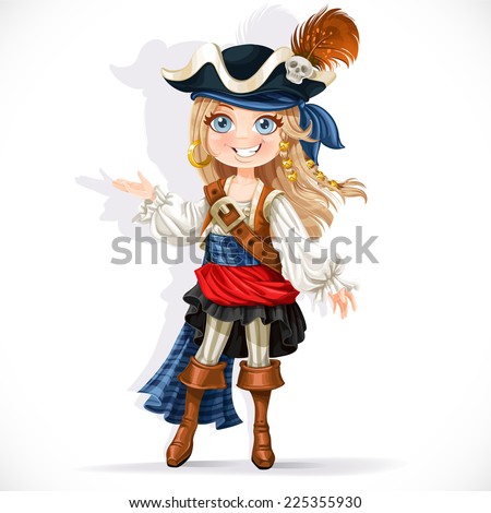 Cute little pirate girl isolated on a white background Royalty-Free Stock Photo #225355930