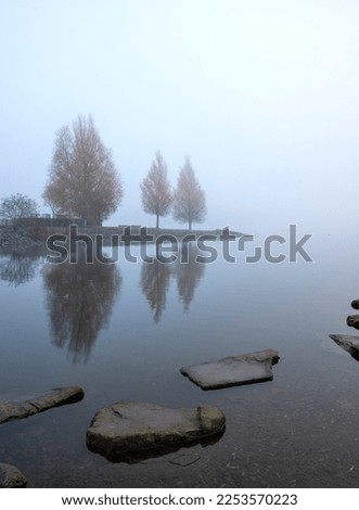 Misty morning by autumn lake, peaceful scenery, white edit space