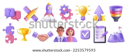 3D teamwork partner icon set, vector puzzle, person avatar, handshake, partnership project funnel. Business management strategy, success cup, startup rocket. 3D teamwork user connect company concept