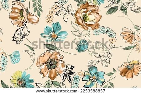 Seamless beautiful abstract watercolor botanical flower with leaf bouquet garden summer pattern on cream background 