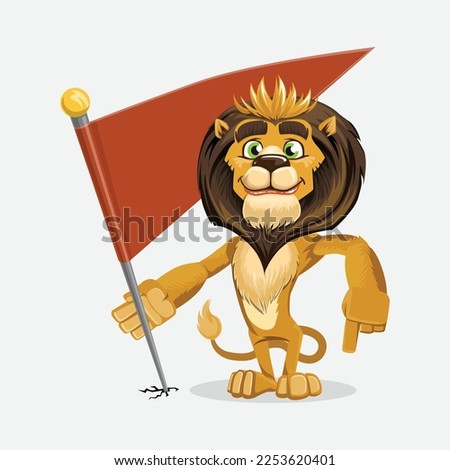 Lion holding a red flag in his hand. Vector illustration.