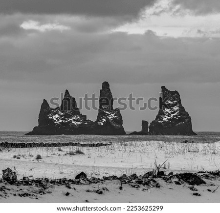 Black stones of Reynisfjara beach on the horizon of the black sand beach under a dramatic sky and totally snow covered ground in black and white