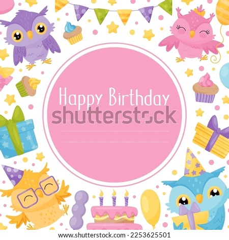 Owl Character Greeting with Happy Birthday Card Design Vector Template