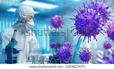 Woman virologist. Woman in chemical protection suit near virus bacteria. Girl studies pathogenic infections. Virologist use microscope to study dangerous disease. Virus molecules near doctor woman Royalty-Free Stock Photo #2253627673