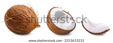 Coconut isolated set. Collection of whole coconut, half coconut and piece of coconut isolated on white background. Royalty-Free Stock Photo #2253633231