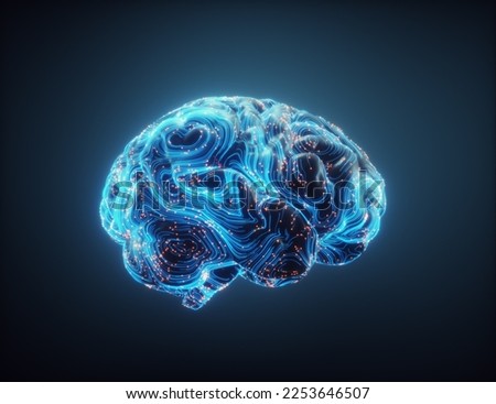 Abstract polygonal brain with glowing dots and lines, network connections. Brainstorming and self development concept. This is a 3d render illustration