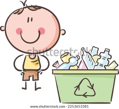 Illustration of a little cartoon child with garbage basket with recycle symbol, vector clipart

