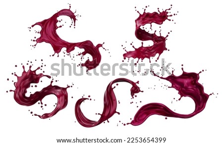 Blueberry or blackberry juice splash, berry fruit drink wave, vector red long spill. Blueberry or blackberry juice realistic splashing flow of purple drink swirl or spiral twirl with drops splatter Royalty-Free Stock Photo #2253654399