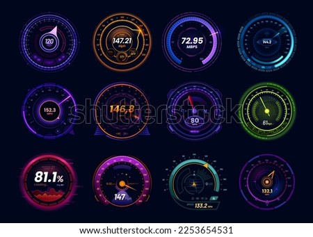 Futuristic car speedometer gauge and internet speed test meters, vector neon led dials. Car dashboard speedometers with mph and kph gauge arrow, internet download, upload and ping test indicators Royalty-Free Stock Photo #2253654531