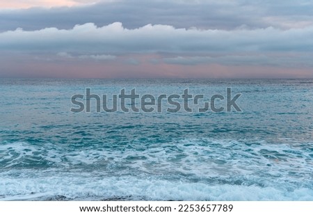 Cloudy Dawn, Azure Sea, Amazing Muted Colors, Sunrise over the Sea Texture Background, Weather Forecast Illustration