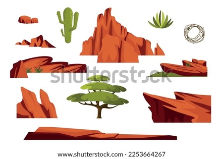 Set of beautiful desert rocks in cartoon style. Vector illustration of constructor with mountains, sheer cliffs, stones, trees, cacti, tumbleweeds, weeds on white background. Royalty-Free Stock Photo #2253664267