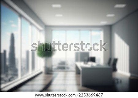 Blur background of empty modern office background in city center . Workspace interior design . Clean and bright office gallery background