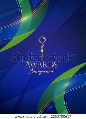 Blue Green Golden Side Curve Wave Award Background. Trophy on Luxury Background. Modern Abstract Design Template. LED Visual Motion Graphics. Wedding Marriage Invitation Poster. Certificate Design. Royalty-Free Stock Photo #2253700617