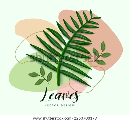 Leaves vector design. Leaves vector text with palm leaf elements in colorful abstract background. Vector illustration abstract design.
