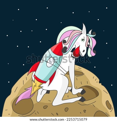 
flying unicorn on rocket like an astronaut to the moon, outer space with stars