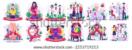 World Cancer Day Illustration Set with People, Doctors, nurses, and Cancer Patient celebrate world cancer day. Vector Illustration in Flat Style