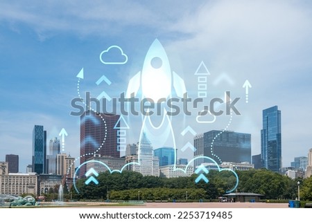 Chicago skyline, Butler Field towards financial district skyscrapers, day time, Illinois, USA. Parks and gardens. Startup company, launch project to seek and develop scalable business model, hologram