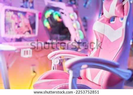 pink themed kawaii gaming room with chair and computer Royalty-Free Stock Photo #2253752851