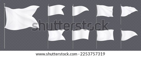 White flags and pennants on poles mockup. Blank fabric banners triangle, rectangle and corner shape on steel stand isolated on transparent background, vector realistic set Royalty-Free Stock Photo #2253757319